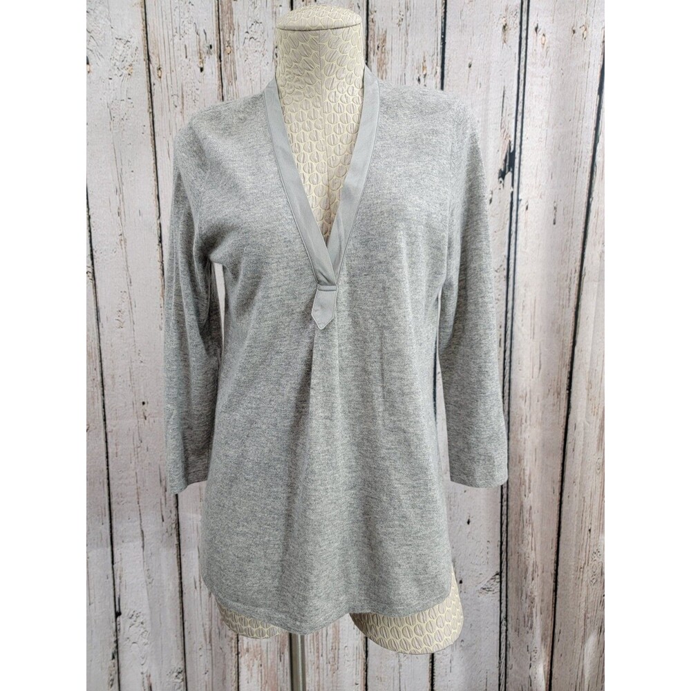 Magaschoni M Heather Gray 3/4 Sleeve V-Neck‎ Pullover Sweater Cashmere Knit EUC